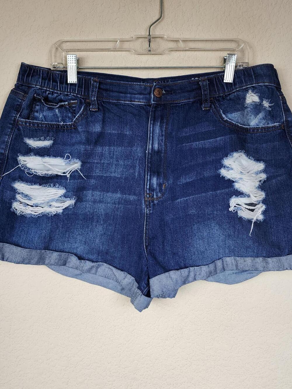 Distressed Dark Blue Denim Shorts with Rolled Hem Size 19